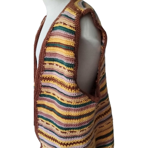 Handmade Crocheted 70s Boho Hippie Open Front Cardigan Sweater Brown Vest - Picture 2 of 7